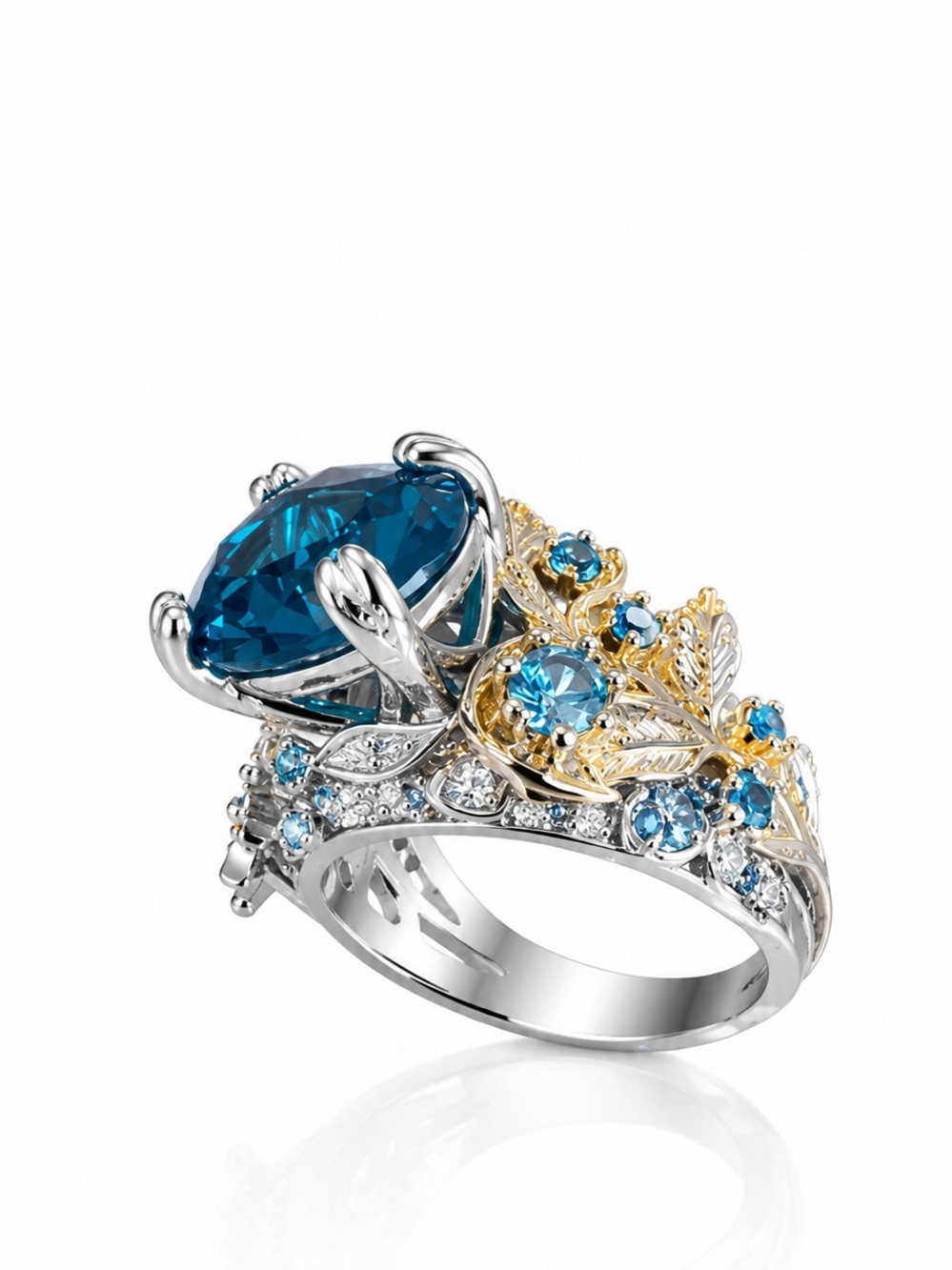 Leaf Shape Inlay Blue Zircon Ring.